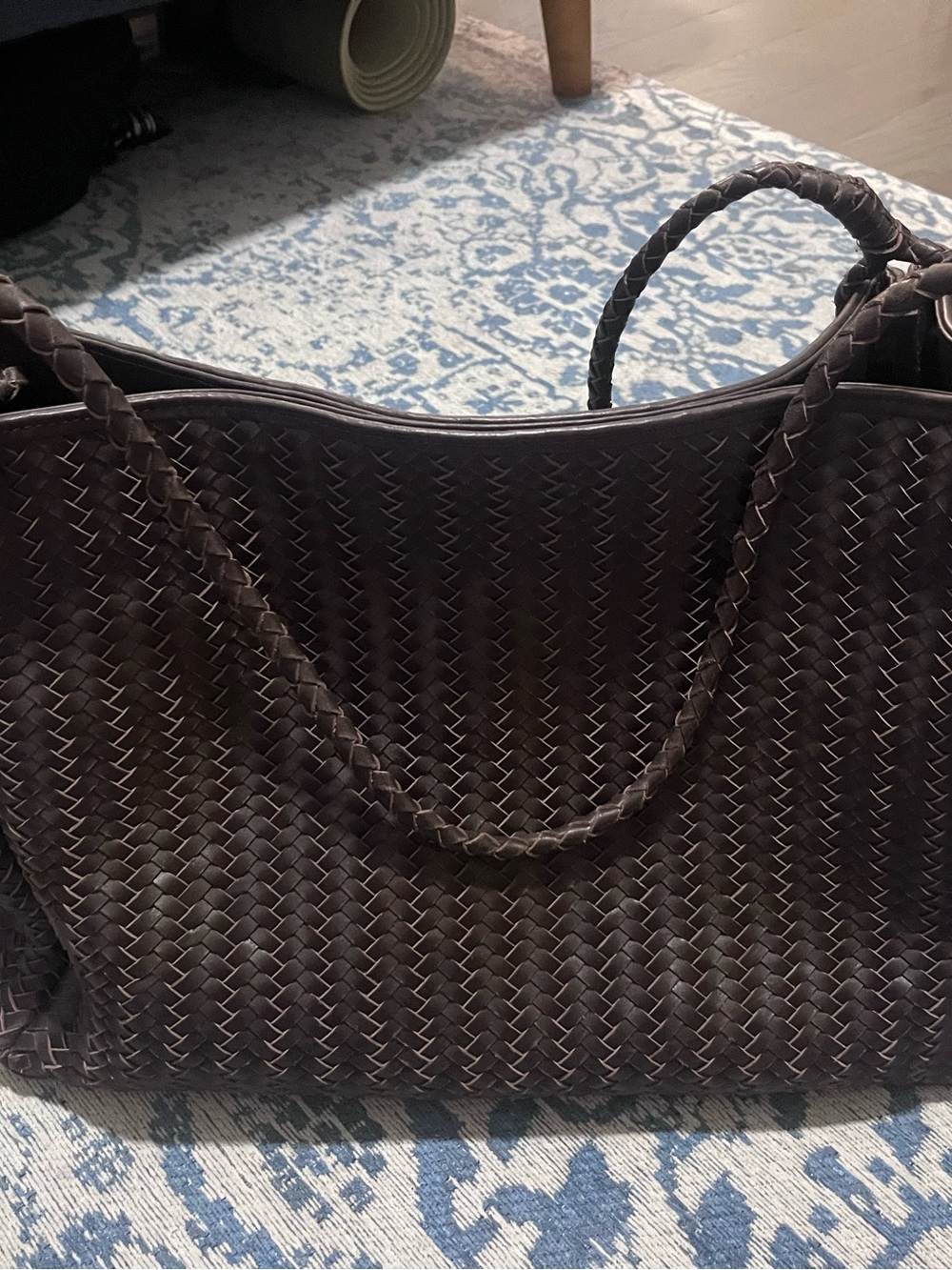 Woven Leather Tote Bag in Dark Brown
